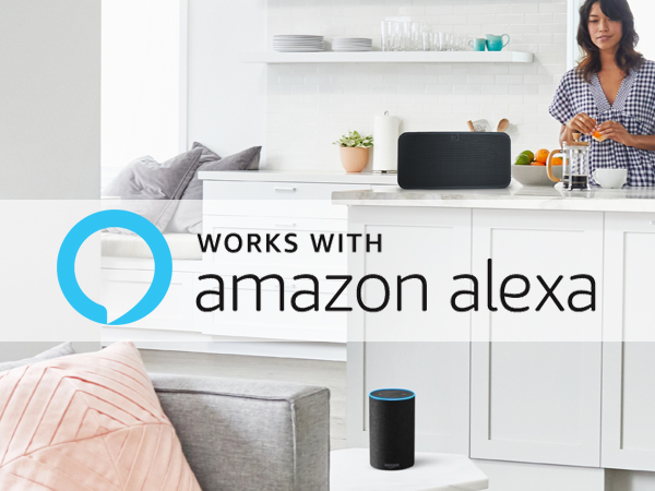 BluOS app capable of voice control. Amazon Alexa logo