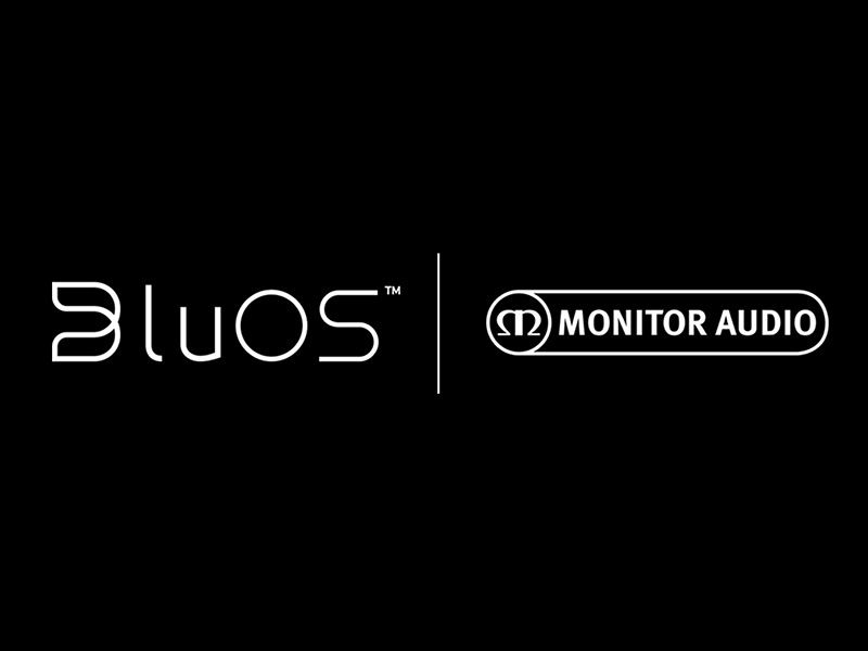 BluOS and Monitor Audio logos on black background