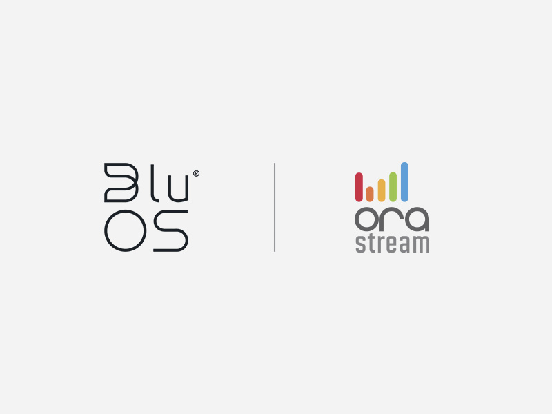 BluOS and Orastream logos on white background