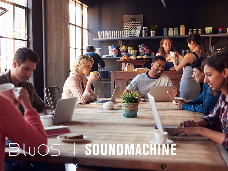 SoundMachine streaming playing through BluOS app in a cafe