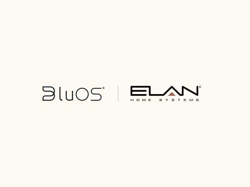 BluOS and Elan Home System logos on a white background