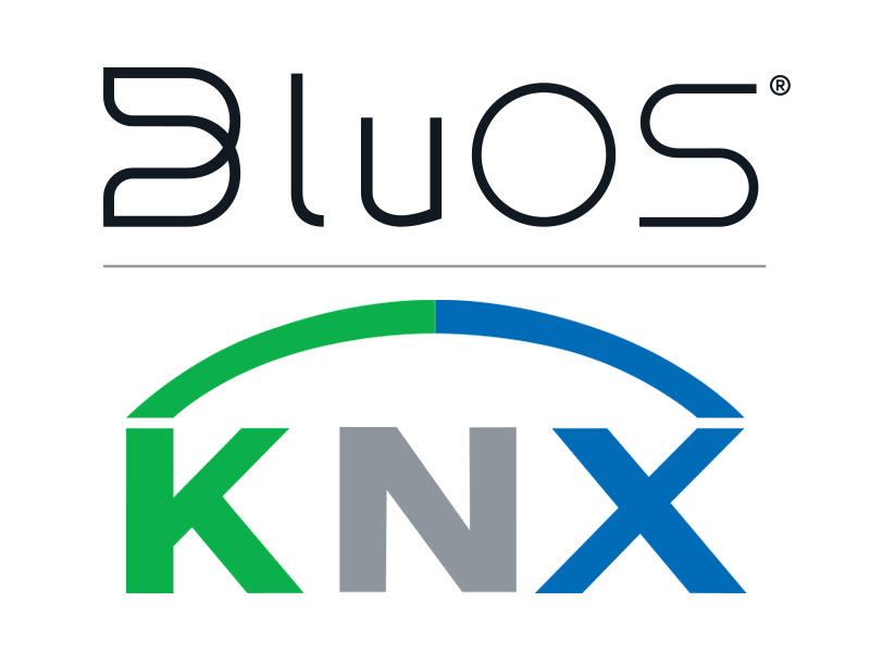 BluOS and KNX logos on a white background