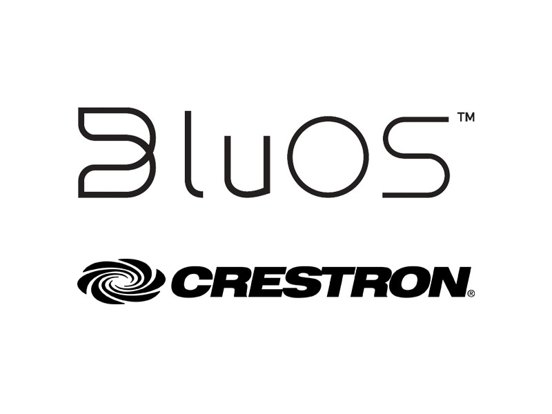 BluOS and Crestron logos